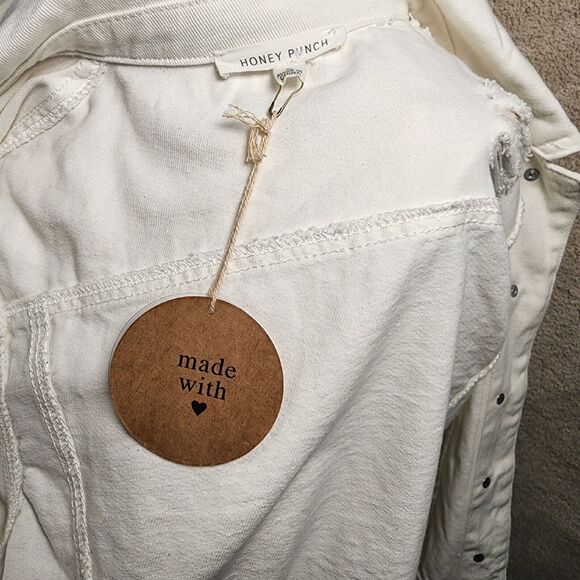 White Destressed Destroyed Classic Jean Jacket 100% Cotton Twill Honey Punch NWT - Picture 7 of 8